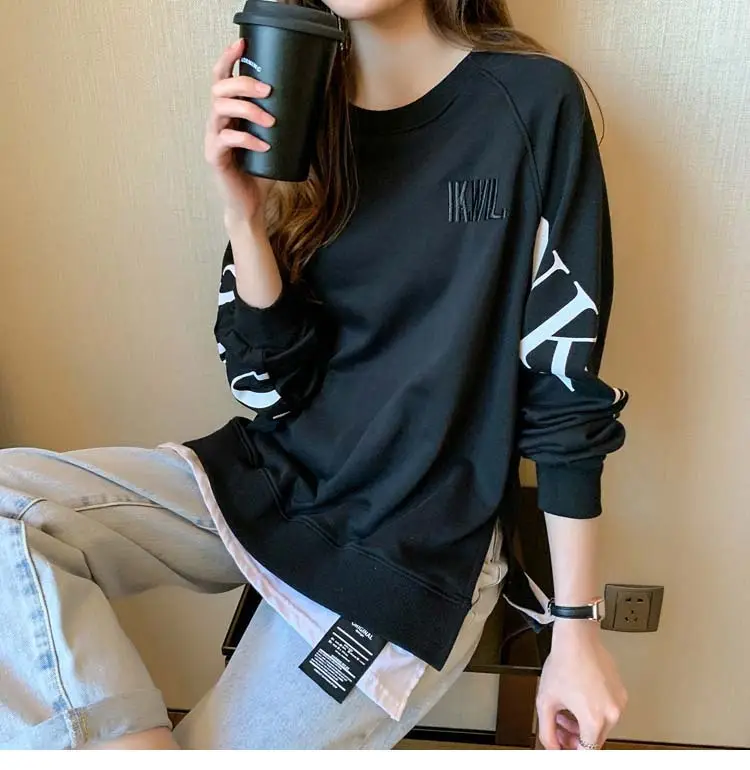 New Cross-Border Fake Two-Piece Long-Sleeves Sweatshirt for Women Loose Korean Style Thin 2025 Summer Round Neck Letter Sweatshirt for Women Trendy — feature 50