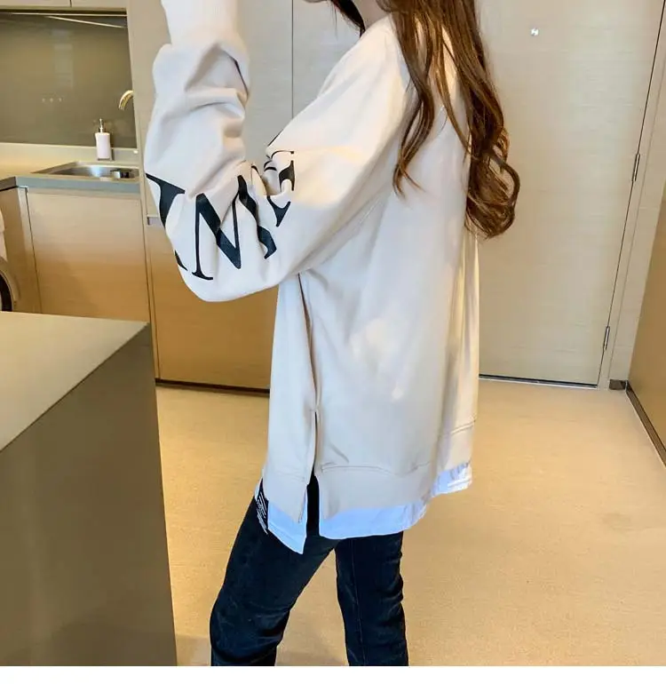 New Cross-Border Fake Two-Piece Long-Sleeves Sweatshirt for Women Loose Korean Style Thin 2025 Summer Round Neck Letter Sweatshirt for Women Trendy — feature 6