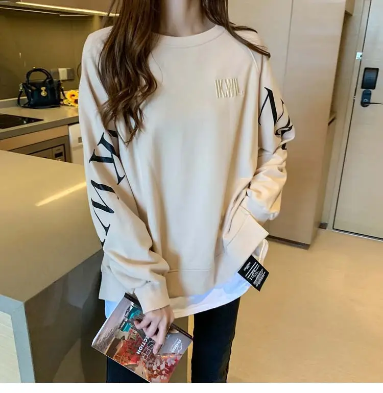 New Cross-Border Fake Two-Piece Long-Sleeves Sweatshirt for Women Loose Korean Style Thin 2025 Summer Round Neck Letter Sweatshirt for Women Trendy — feature 7