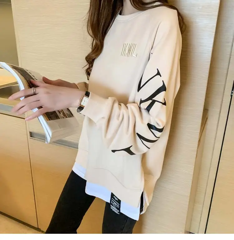 New Cross-Border Fake Two-Piece Long-Sleeves Sweatshirt for Women Loose Korean Style Thin 2025 Summer Round Neck Letter Sweatshirt for Women Trendy — feature 8