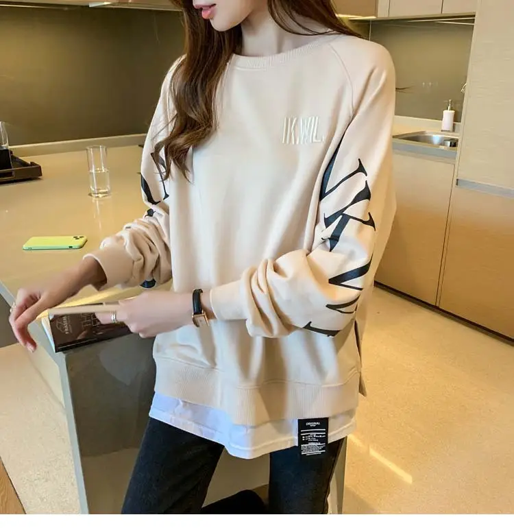 New Cross-Border Fake Two-Piece Long-Sleeves Sweatshirt for Women Loose Korean Style Thin 2025 Summer Round Neck Letter Sweatshirt for Women Trendy — feature 9