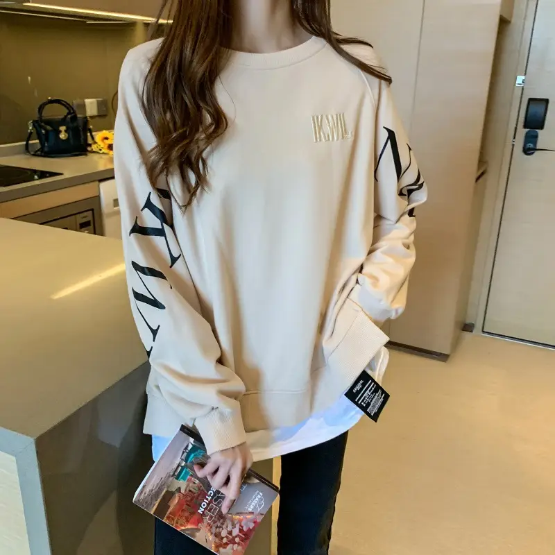New Cross-Border Fake Two-Piece Long-Sleeves Sweatshirt for Women Loose Korean Style Thin 2025 Summer Round Neck Letter Sweatshirt for Women Trendy - Image 2