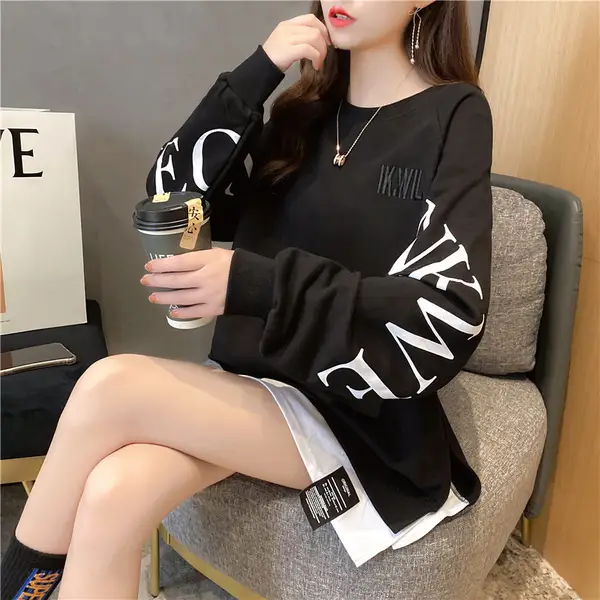 New Cross-Border Fake Two-Piece Long-Sleeves Sweatshirt for Women Loose Korean Style Thin 2025 Summer Round Neck Letter Sweatshirt for Women Trendy - Image 5