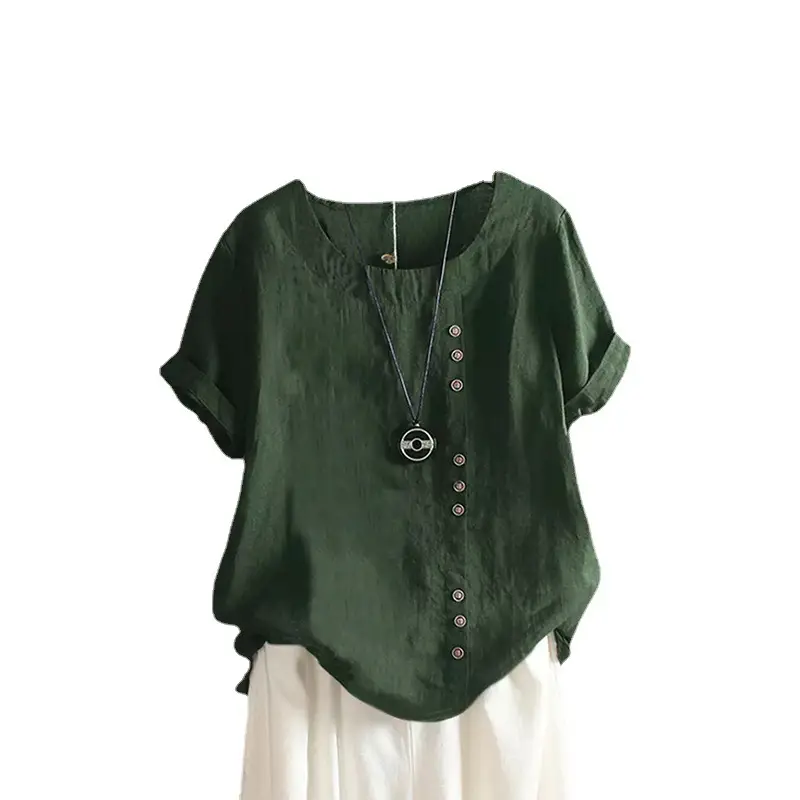 Women Loose Cotton Linen T-Shirt Brown Button Front - Image 10