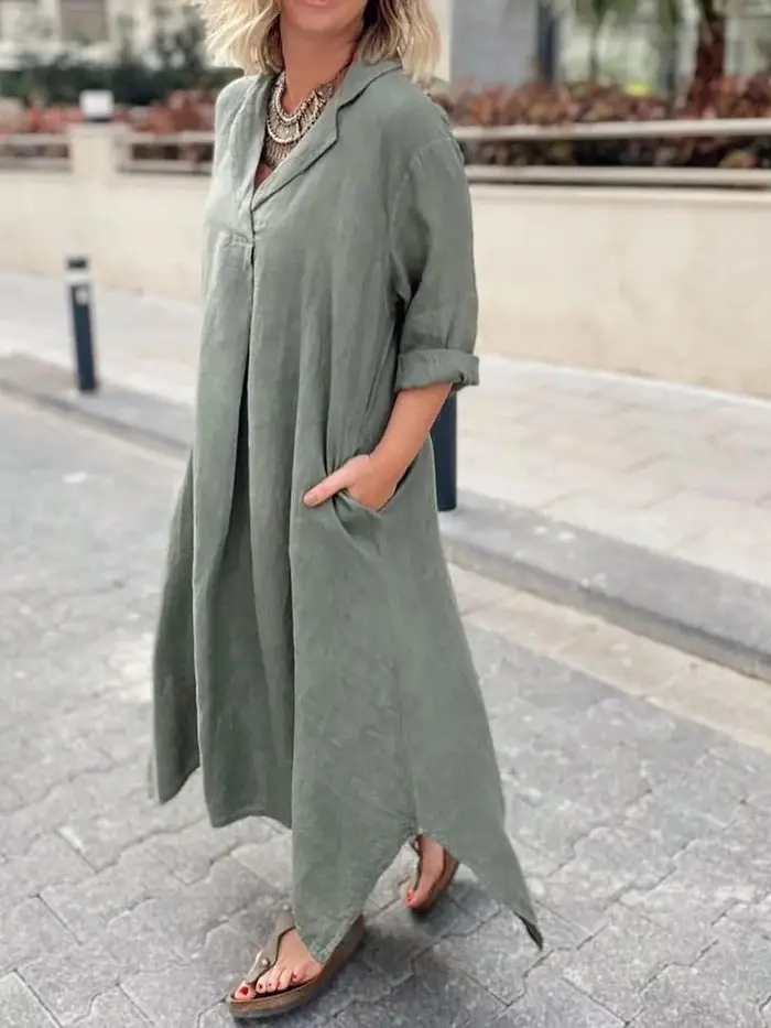 Women Loose Cotton Linen T-Shirt Brown Button Front — feature 3