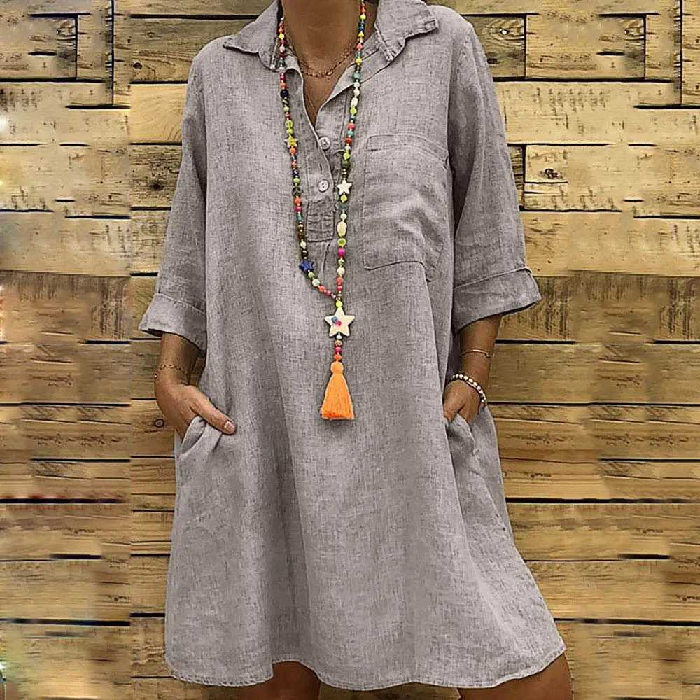 Women Loose Cotton Linen T-Shirt Brown Button Front — feature 8