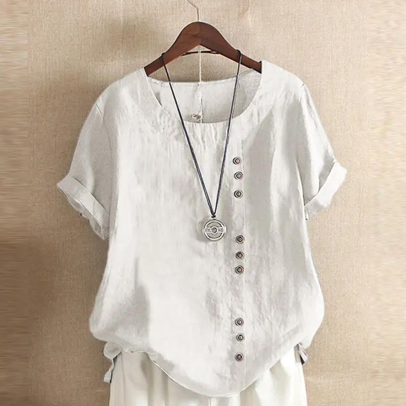 Women Loose Cotton Linen T-Shirt Brown Button Front - Image 3