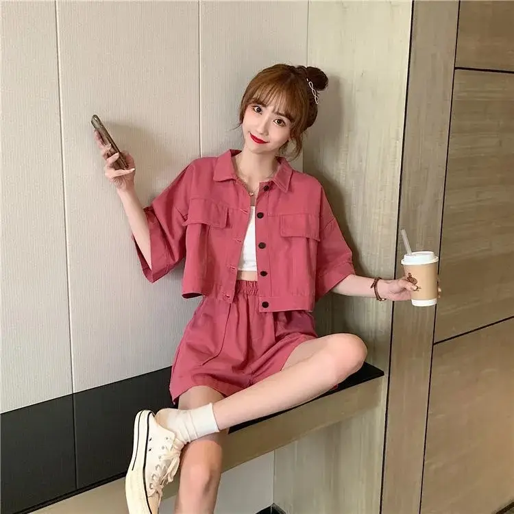 Korean Style Women Shorts Set Summer Loose Fit Beige - Image 5