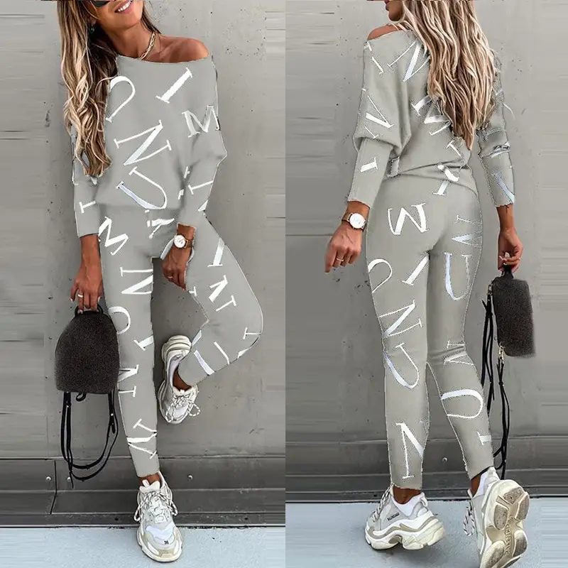 2021 Women Letter Print Long Sleeve Trousers Set Pink - Image 9