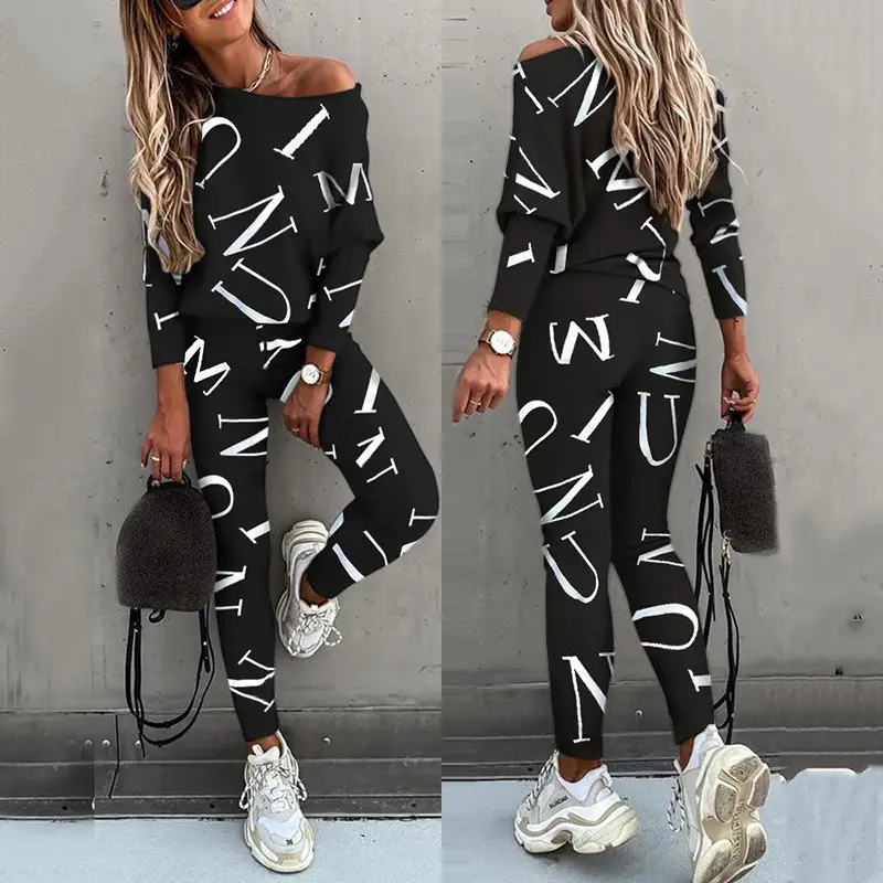 2021 Women Letter Print Long Sleeve Trousers Set Pink - Image 10