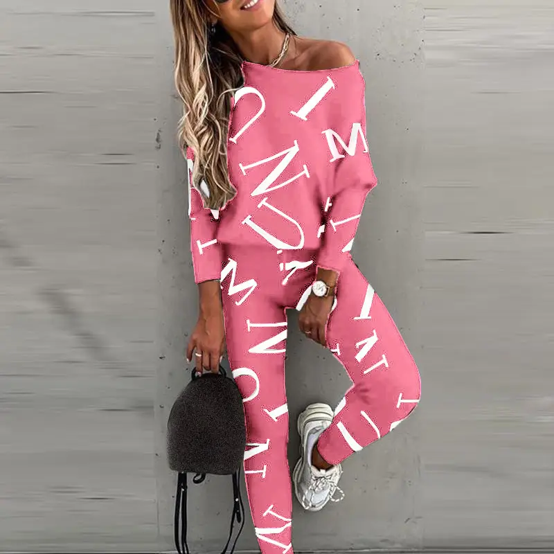 2021 Women Letter Print Long Sleeve Trousers Set Pink — feature 9