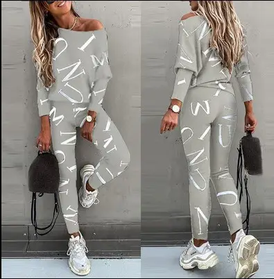 2021 Women Letter Print Long Sleeve Trousers Set Pink - Image 3