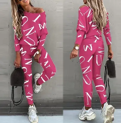 2021 Women Letter Print Long Sleeve Trousers Set Pink - Image 4