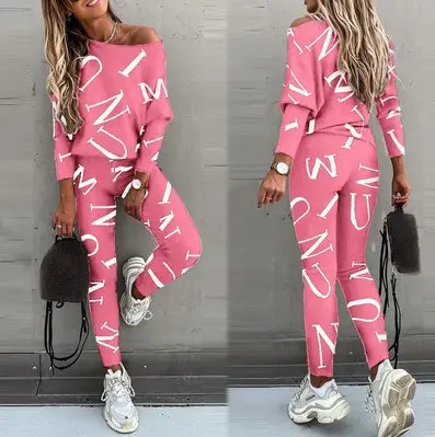 2021 Women Letter Print Long Sleeve Trousers Set Pink - Image 5