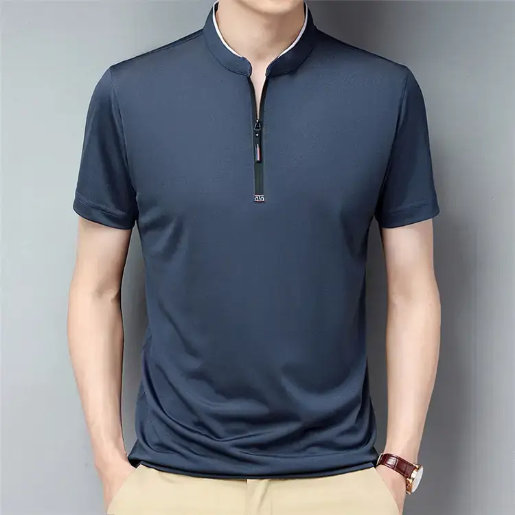 Men's Ice Silk Collar T-Shirt Navy Blue - Image 2