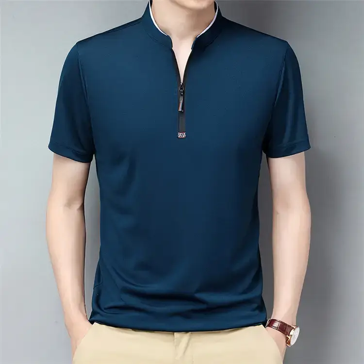 Men's Ice Silk Collar T-Shirt Navy Blue - Image 3