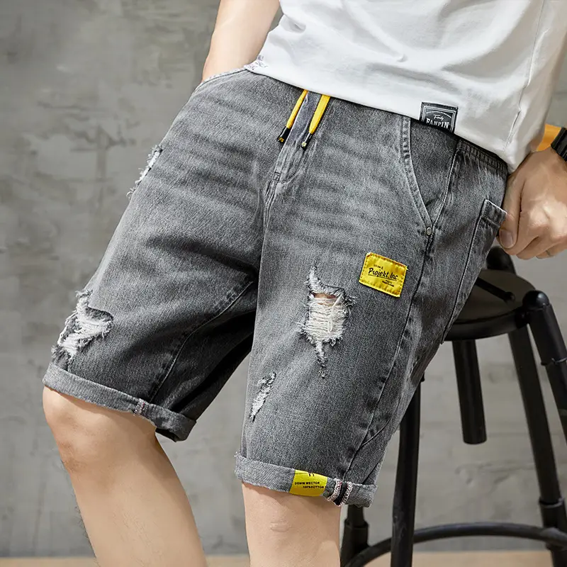 Men's Ripped Denim Shorts Yellow Tee Loose Fit 5Pc - Image 4