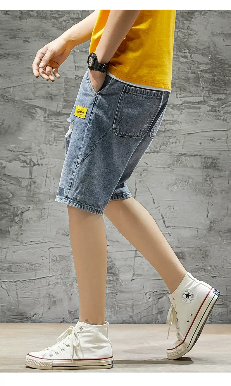 Men's Ripped Denim Shorts Yellow Tee Loose Fit 5Pc — feature 11