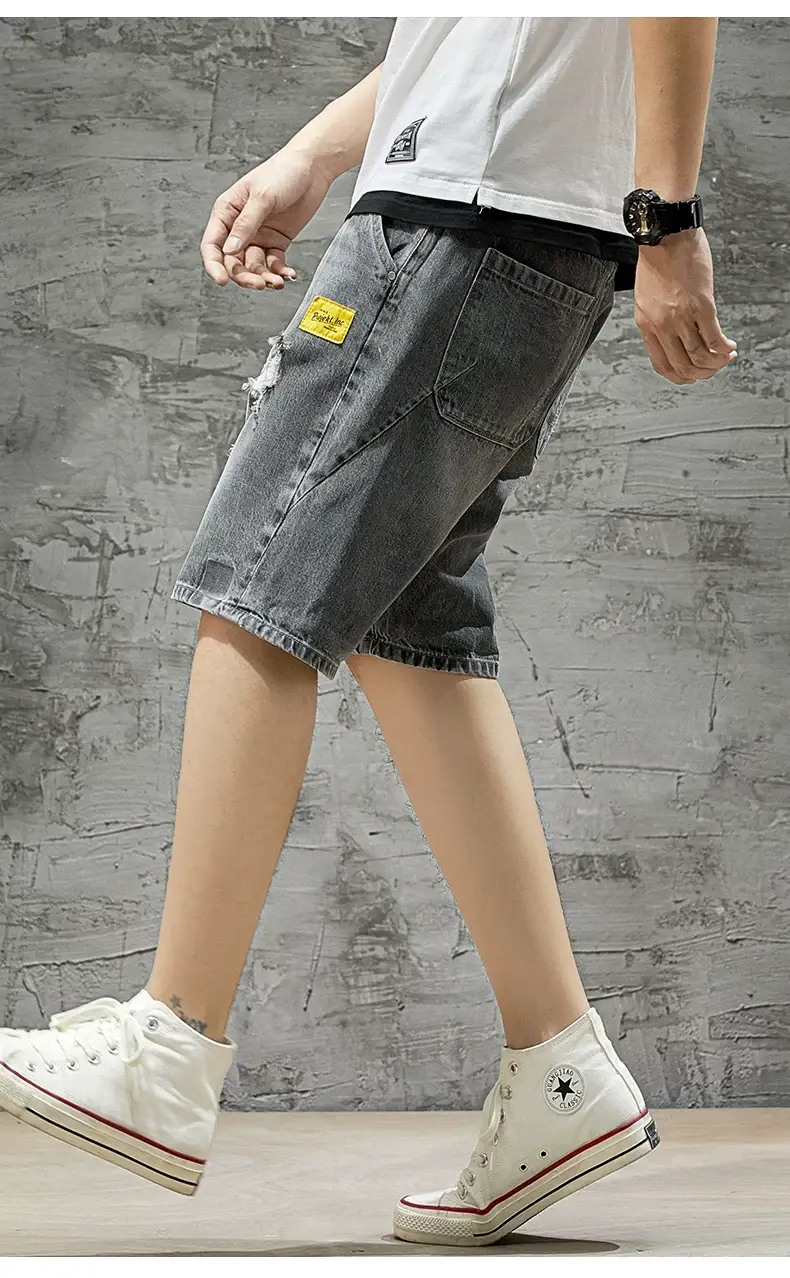 Men's Ripped Denim Shorts Yellow Tee Loose Fit 5Pc — feature 13