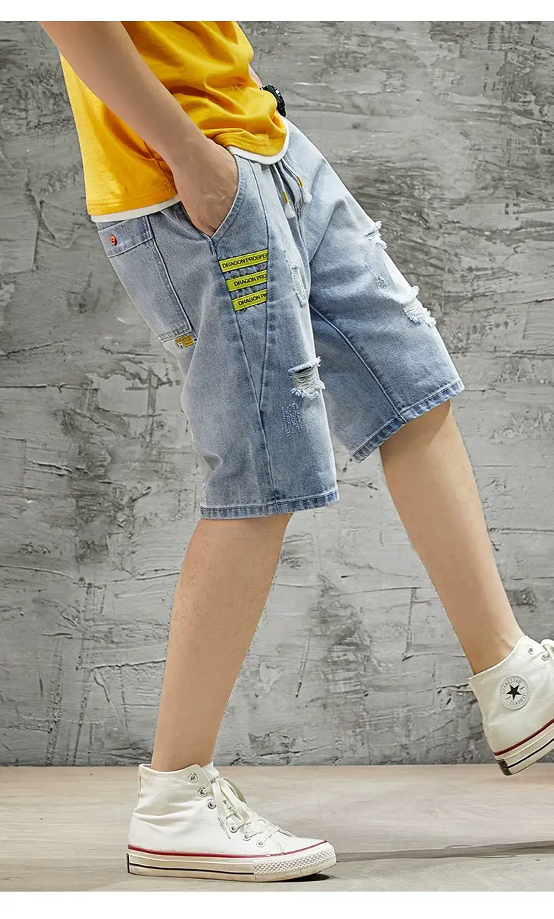 Men's Ripped Denim Shorts Yellow Tee Loose Fit 5Pc — feature 15
