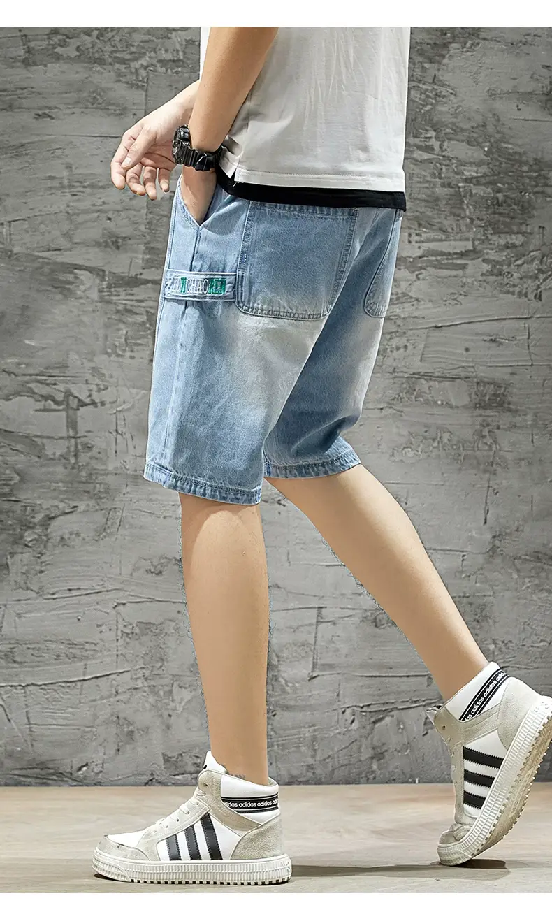 Men's Ripped Denim Shorts Yellow Tee Loose Fit 5Pc — feature 17