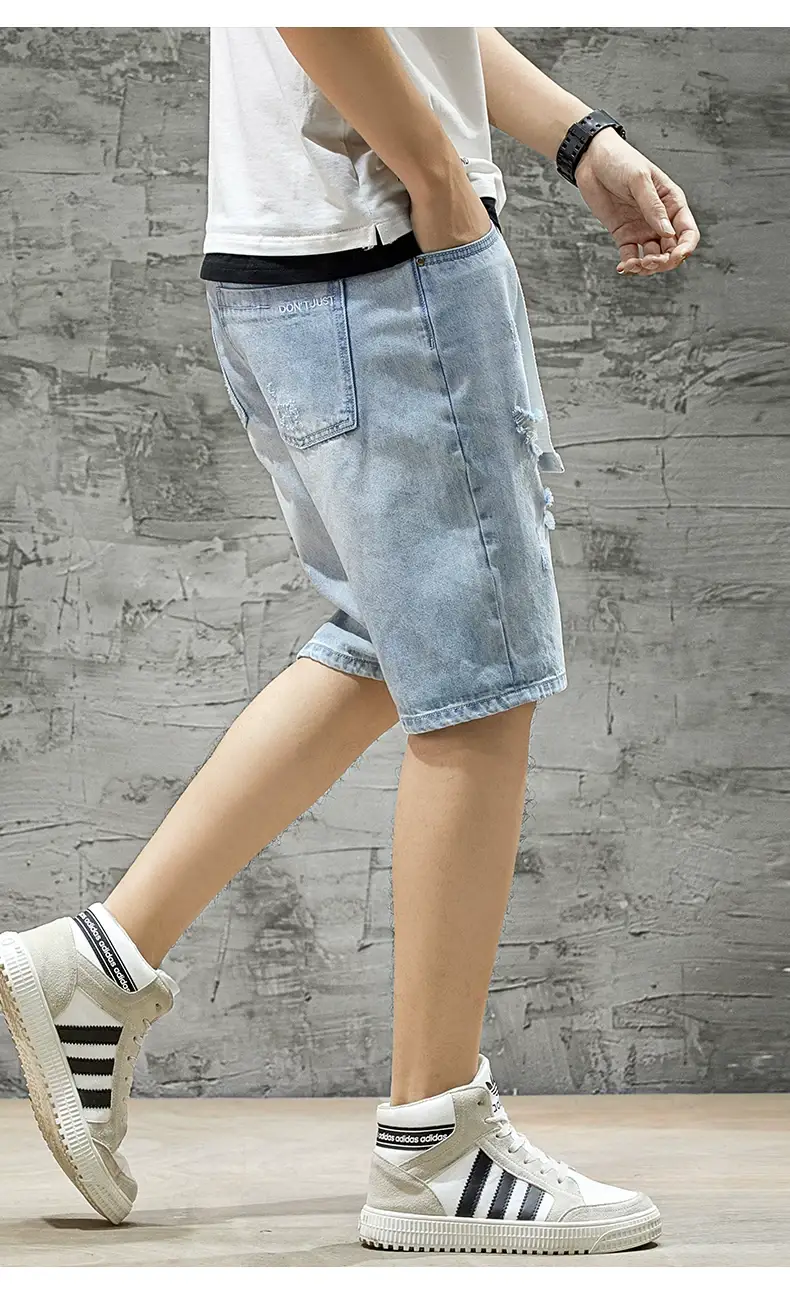 Men's Ripped Denim Shorts Yellow Tee Loose Fit 5Pc — feature 19