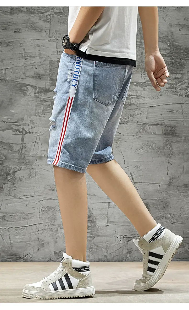 Men's Ripped Denim Shorts Yellow Tee Loose Fit 5Pc — feature 21