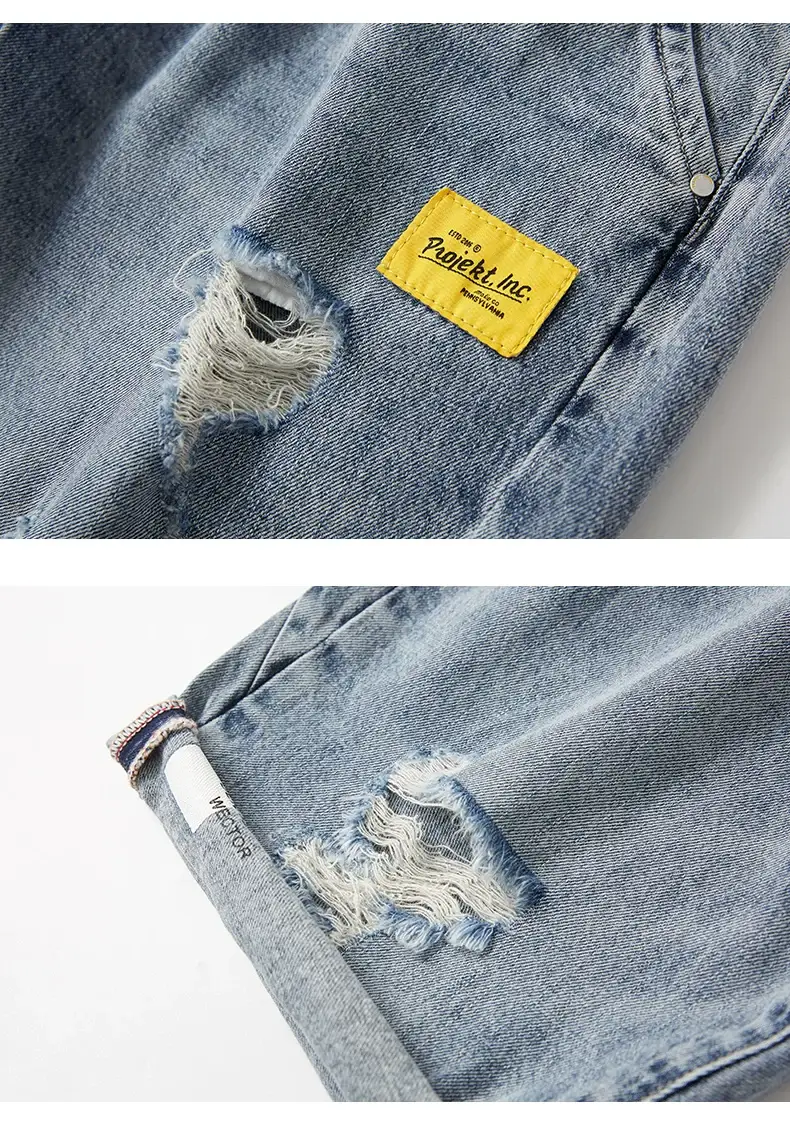 Men's Ripped Denim Shorts Yellow Tee Loose Fit 5Pc — feature 24