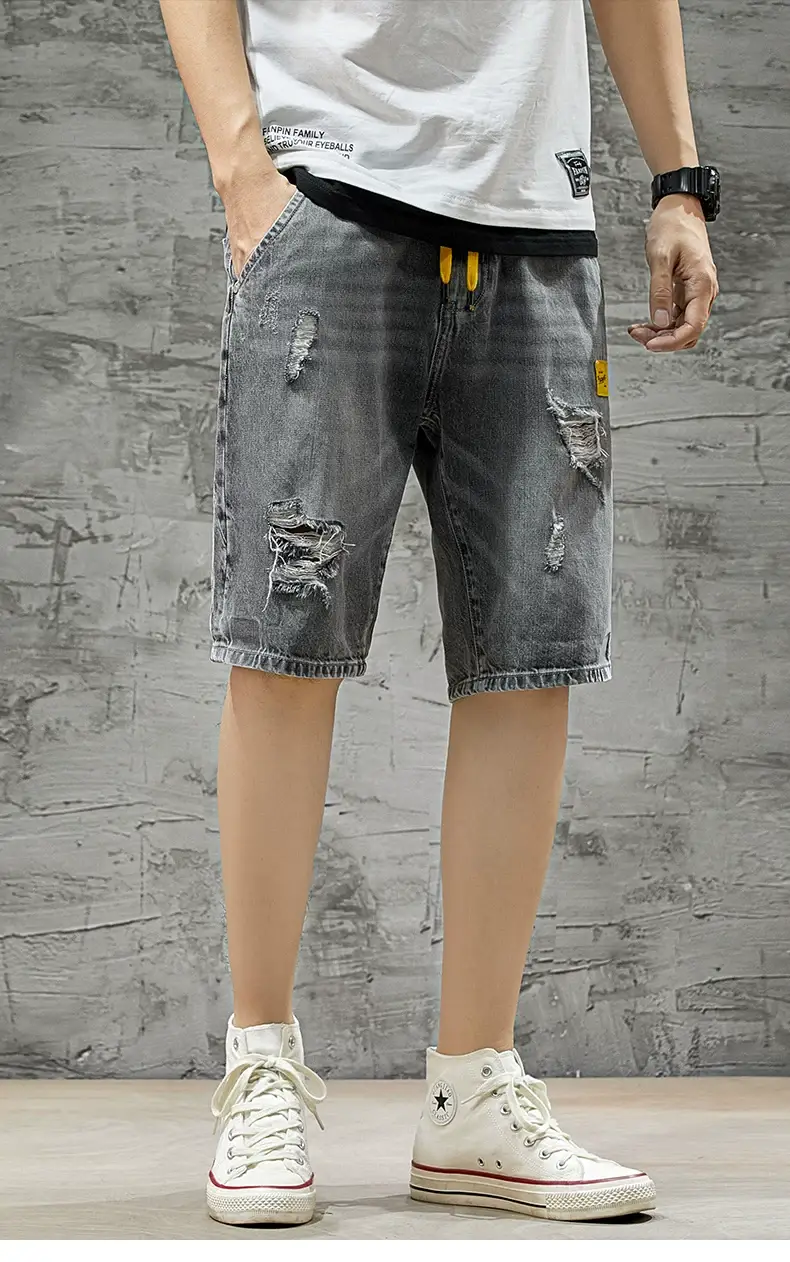 Men's Ripped Denim Shorts Yellow Tee Loose Fit 5Pc — feature 5