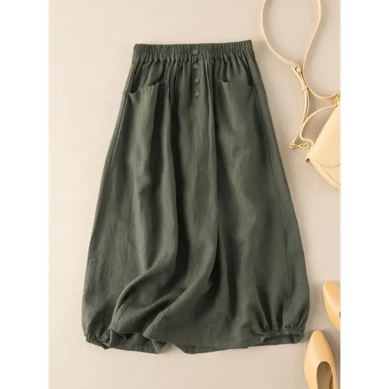 Plus Size Linen Skirt Brown High Waist A-Line - Image 3