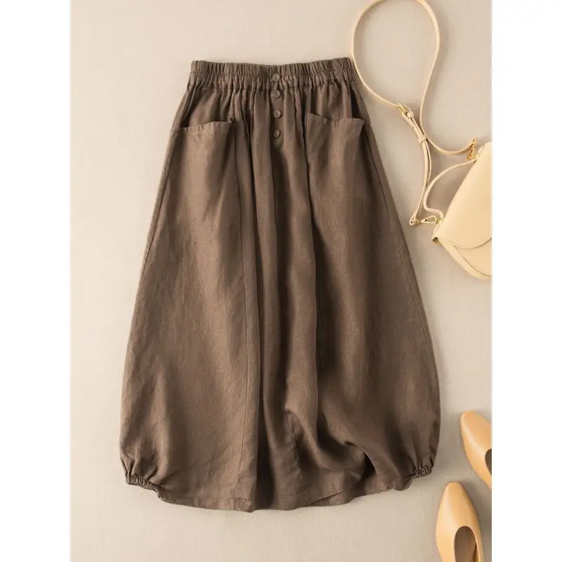 Plus Size Linen Skirt Brown High Waist A-Line - Image 2