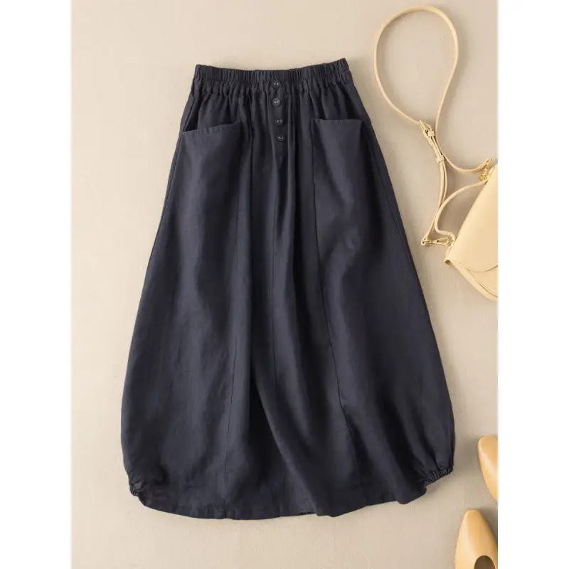 Plus Size Linen Skirt Brown High Waist A-Line - Image 4