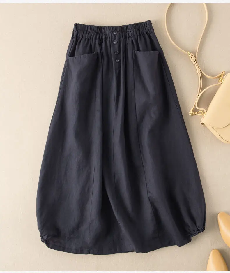 Plus Size Linen Skirt Brown High Waist A-Line — feature 1