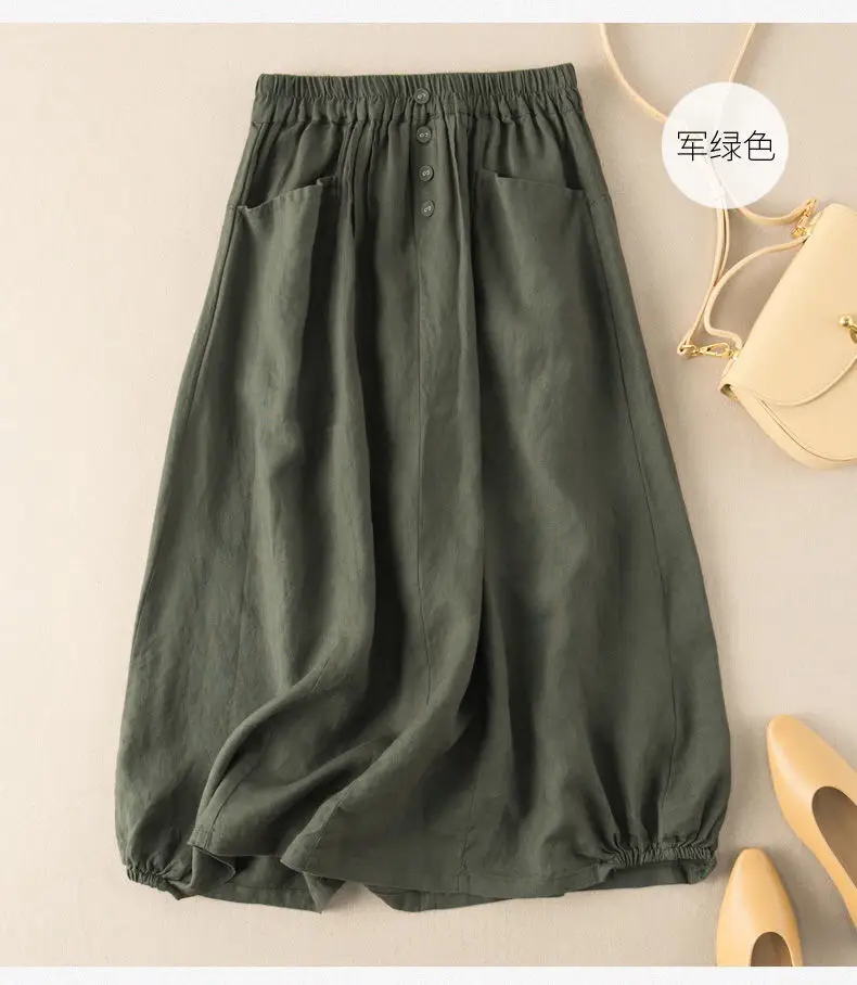 Plus Size Linen Skirt Brown High Waist A-Line — feature 12