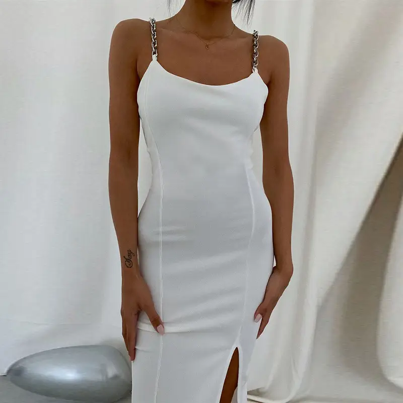 Solid Beige Slim Fit U-Neck Dress with Chain Straps — feature 11