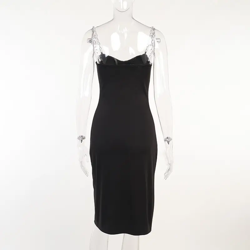 Solid Beige Slim Fit U-Neck Dress with Chain Straps — feature 14