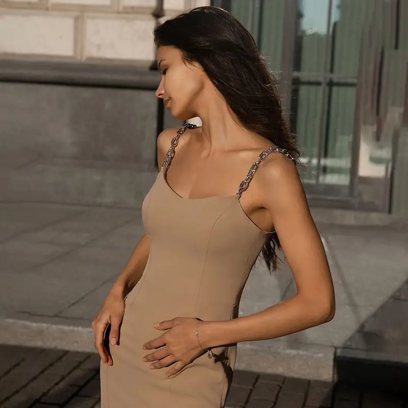 Solid Beige Slim Fit U-Neck Dress with Chain Straps — feature 3