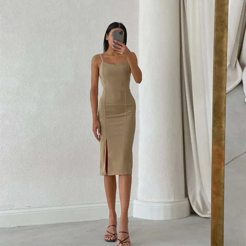 Solid Beige Slim Fit U-Neck Dress with Chain Straps — feature 6