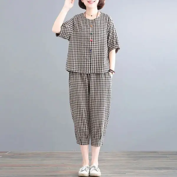 Plus Size Women's 2024 Summer Plaid Pajama Set - Image 4
