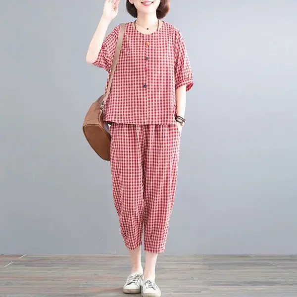 Plus Size Women's 2024 Summer Plaid Pajama Set - Image 6