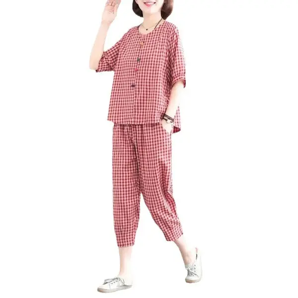 Plus Size Women's 2024 Summer Plaid Pajama Set - Image 7