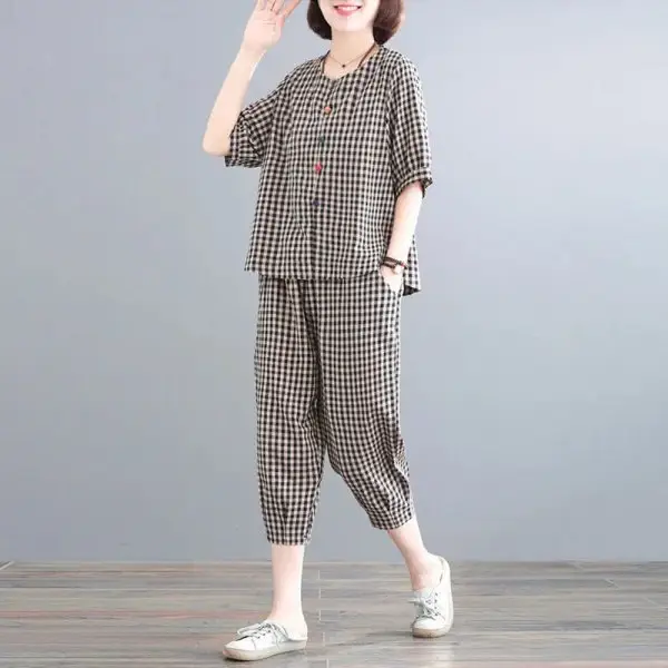 Plus Size Women's 2024 Summer Plaid Pajama Set - Image 2