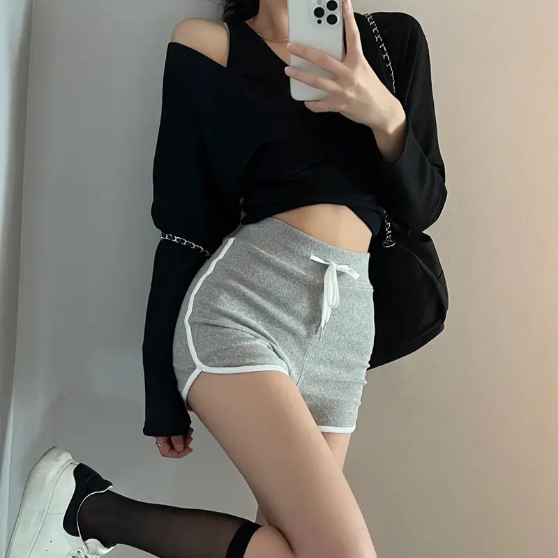 Women Black Drawstring Shorts with Elastic Waistband