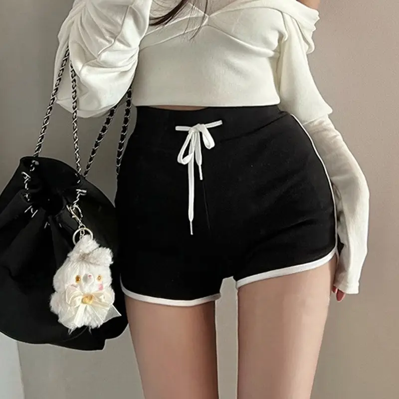 Women Black Drawstring Shorts with Elastic Waistband