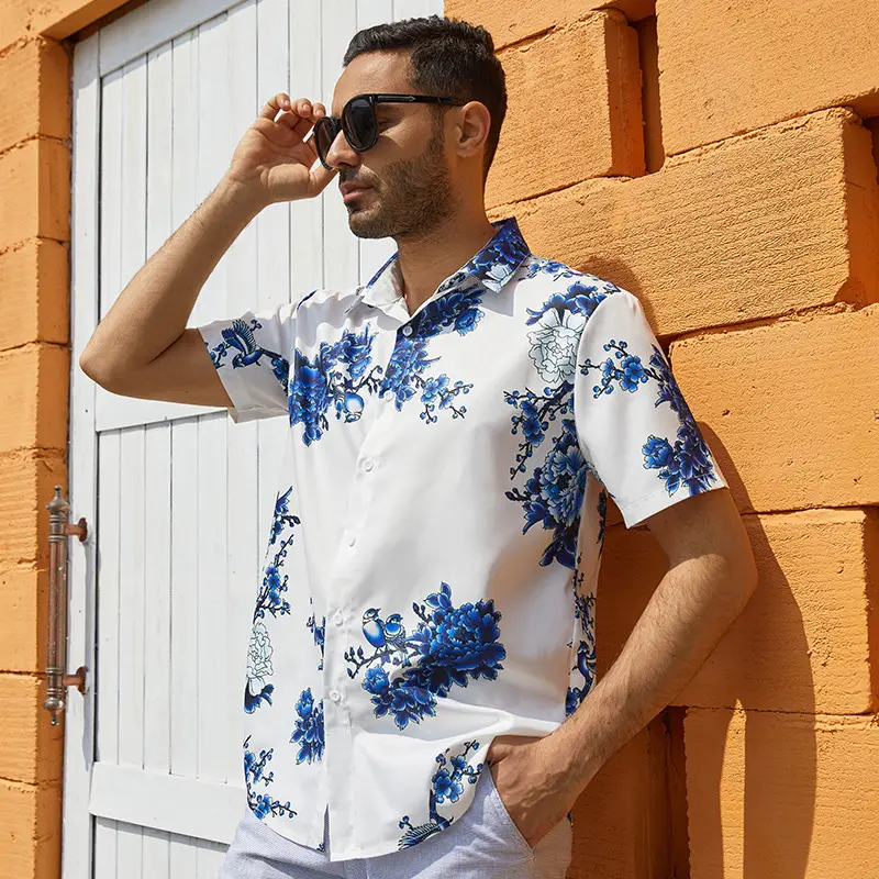 Men's Printed Short Sleeve Hawaiian Shirt White 2024 — feature 3