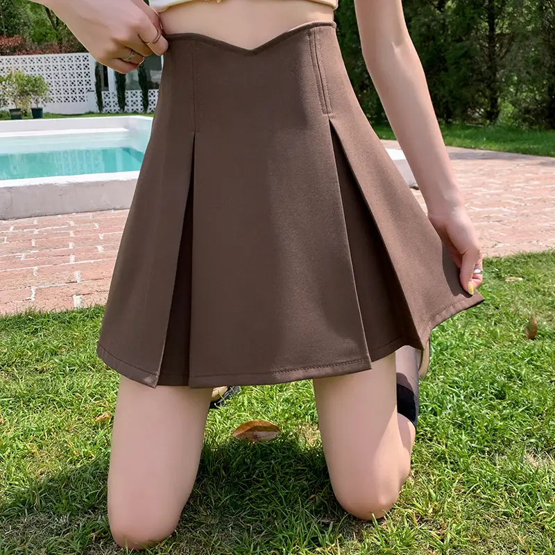 Khaki Pleated Skirt Women Summer Spring Autumn Slimming