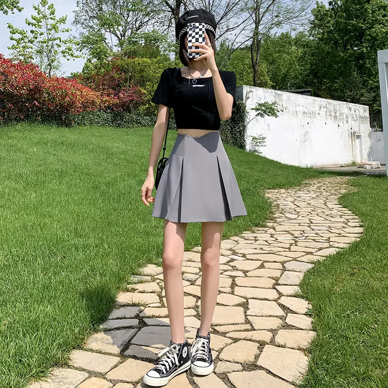 Khaki Pleated Skirt Women Summer Spring Autumn Slimming