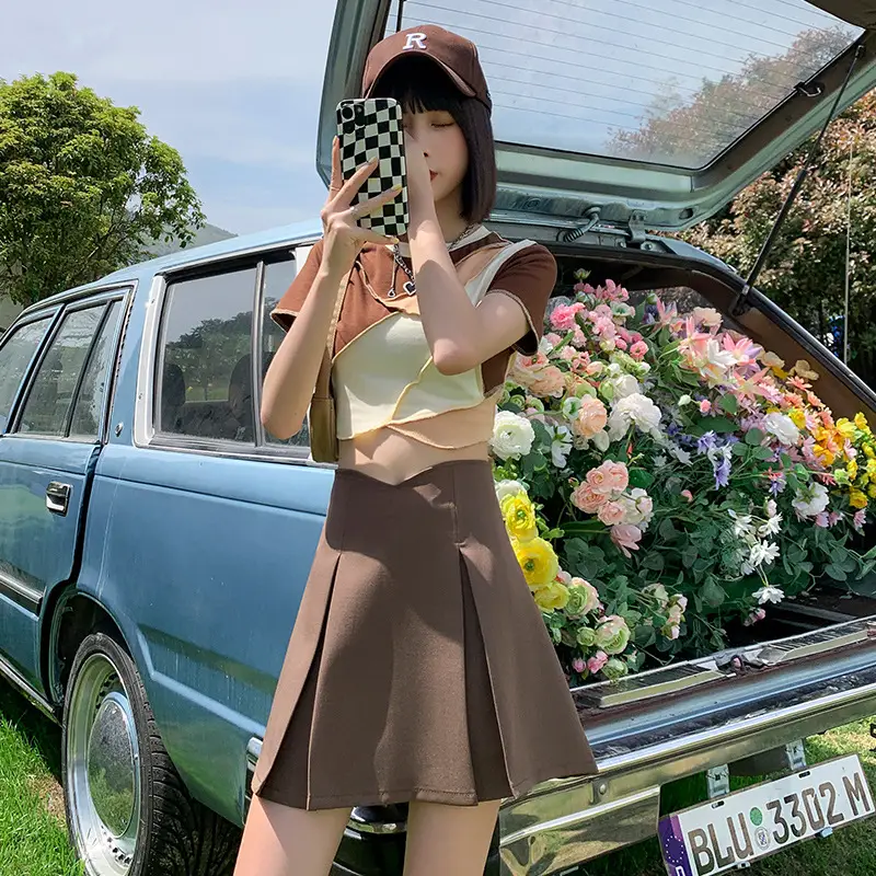 Khaki Pleated Skirt Women Summer Spring Autumn Slimming