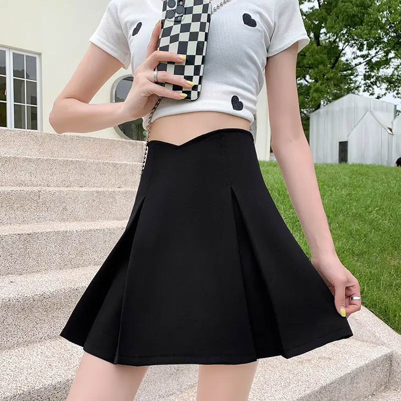 Khaki Pleated Skirt Women Summer Spring Autumn Slimming