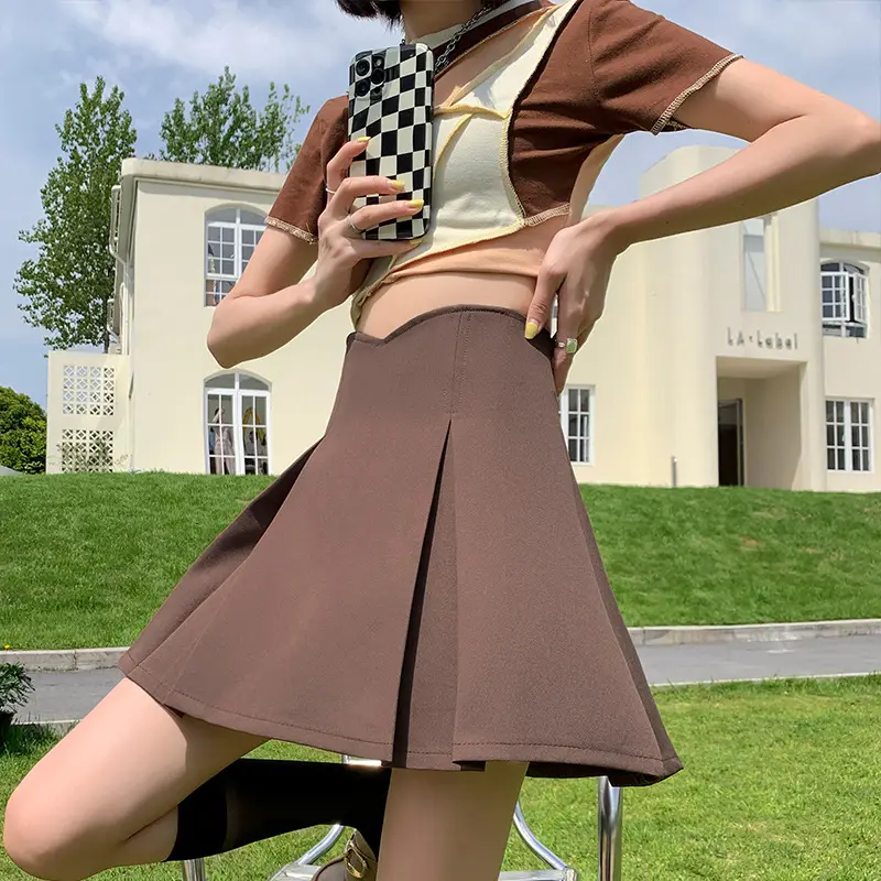 Khaki Pleated Skirt Women Summer Spring Autumn Slimming